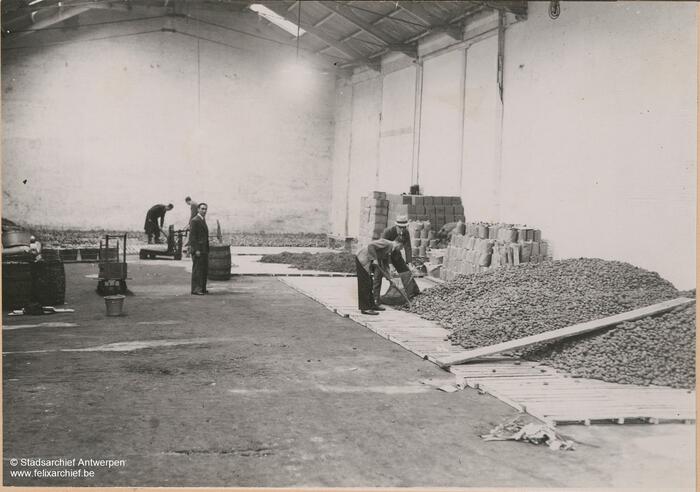 Two men working in a potato warehouse
