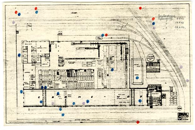 A map of the Ford factory indicating where the bombs fell