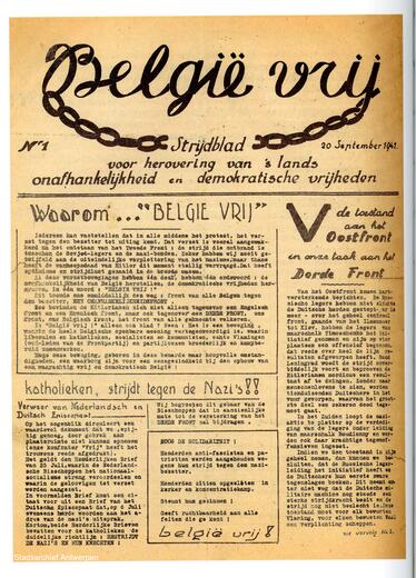 A clandestine flyer reading 'België vrij/free Belgium'